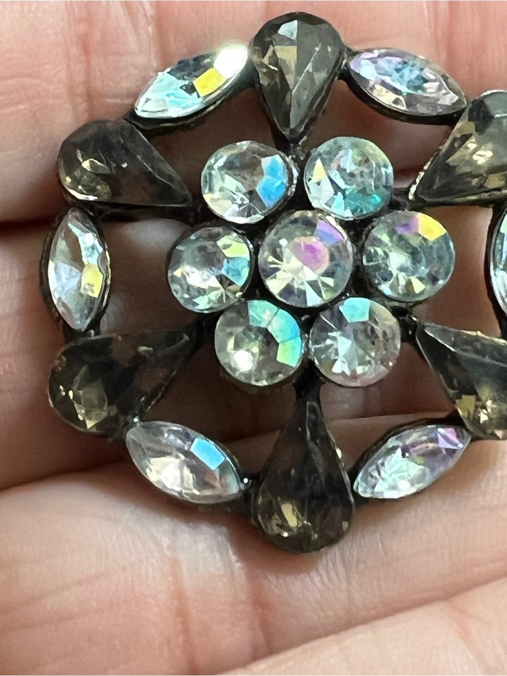 Vintage Crystal Teardrop Flower Cluster Brooch Smoke and Aurora Rhinestones - Picture 6 of 8